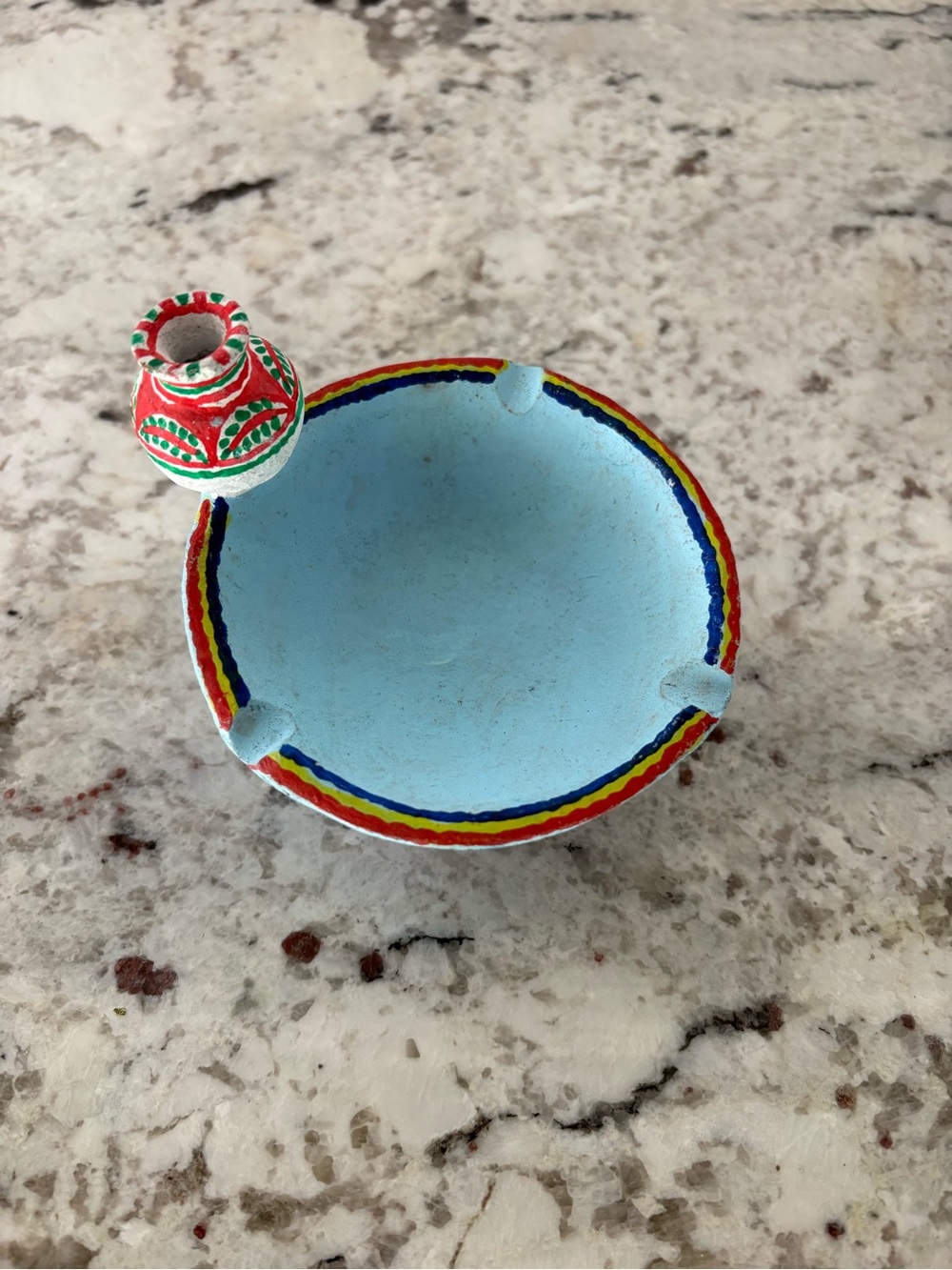 Hand-Painted Light Blue Decorative Ashtray with Red Accent